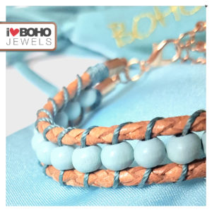 I♥BOHO JEWELS Armband - gewoven houtkralen - leer - blauw, petrol, bruin en rose goud