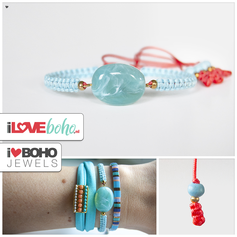 racket . Klacht Macramé armband – turquoise kraal - blauw en coral red - I Love BOHO